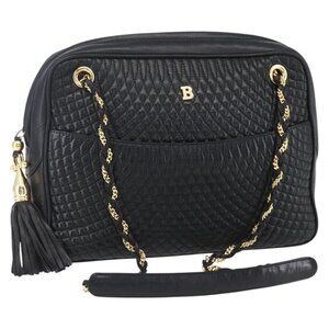 Authentic BALLY Chain Shoulder Bag Leather Black Gold